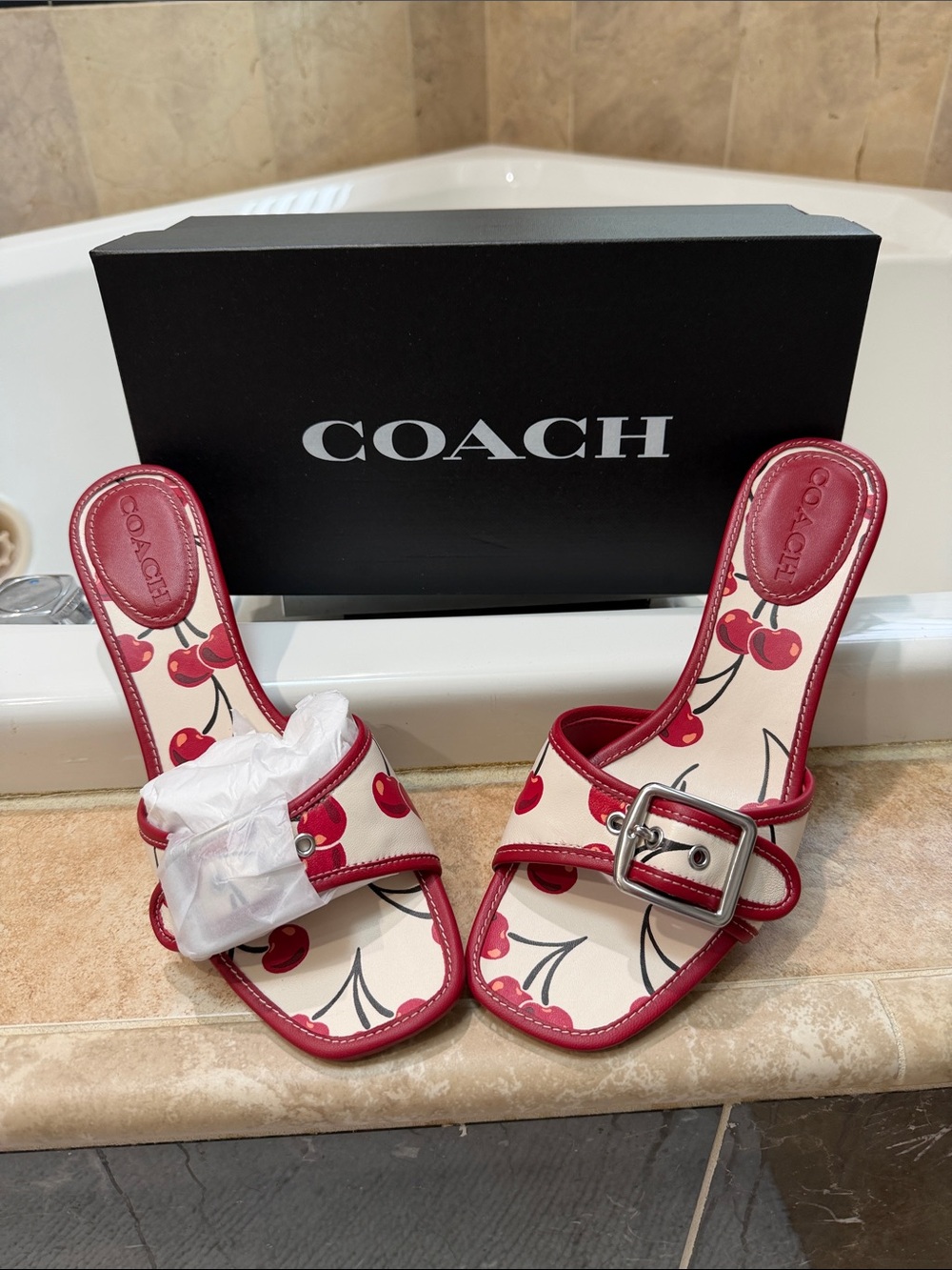 COACH Red Cherry Print Slide Mules